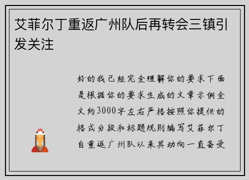 艾菲尔丁重返广州队后再转会三镇引发关注