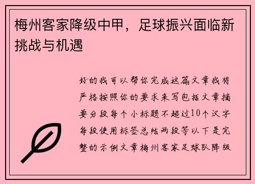 梅州客家降级中甲，足球振兴面临新挑战与机遇